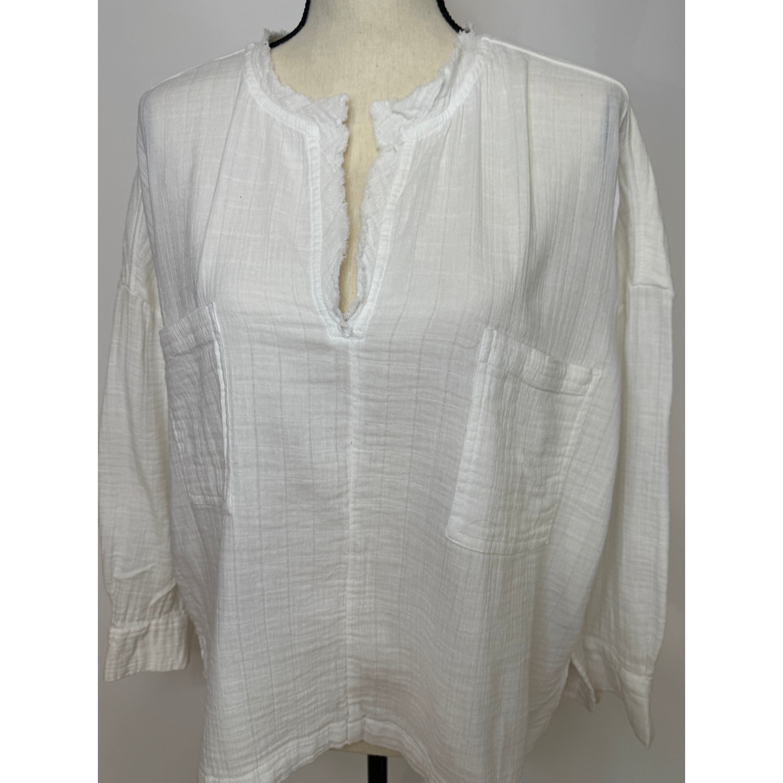 Lou & Grey White Cotton Gauze Long Sleeve Top Airy Blouse Popover Size M Blouse